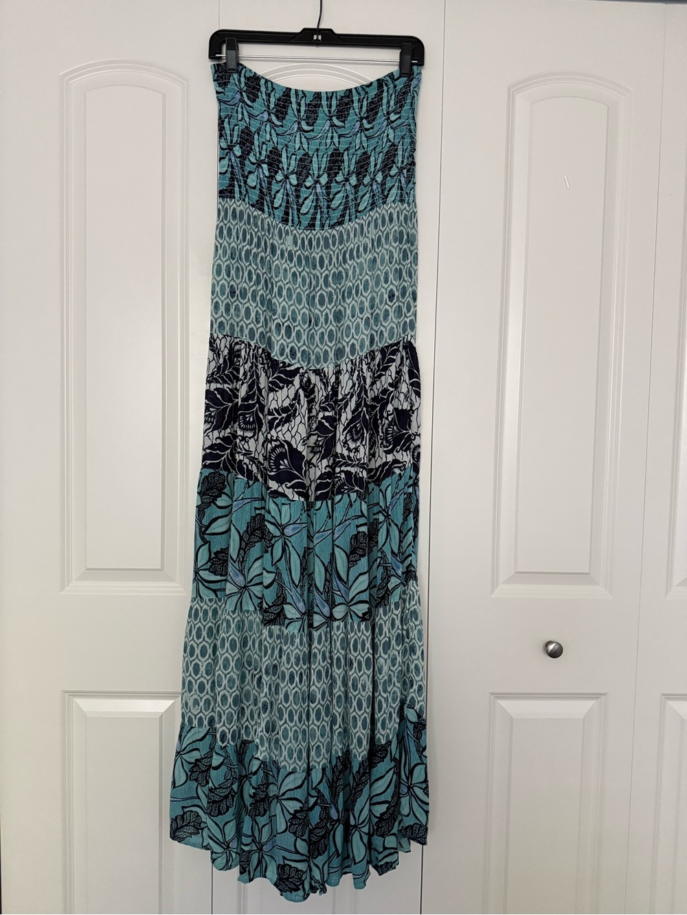 LOFT Teal and Navy Patterned Tiered Maxi Dress